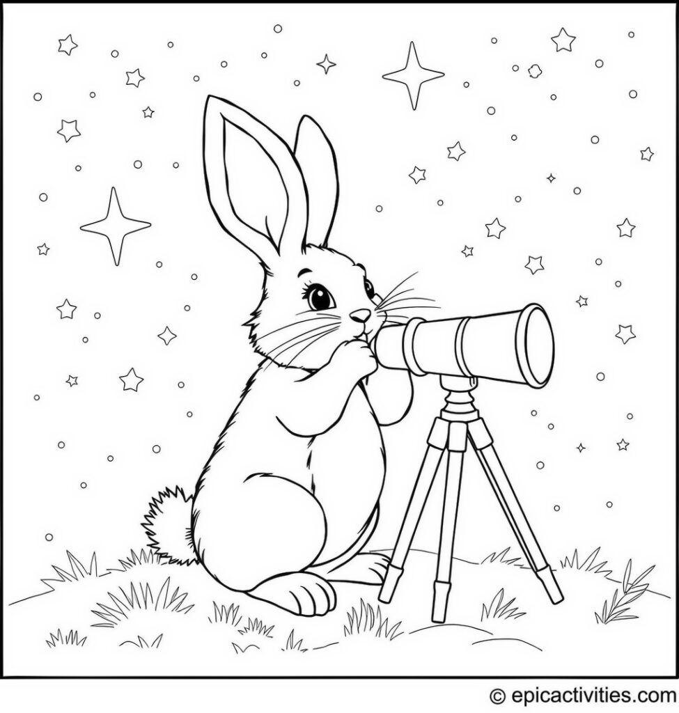 Coloring page of a cute rabbit stargazing with a telescope in a magical night sky