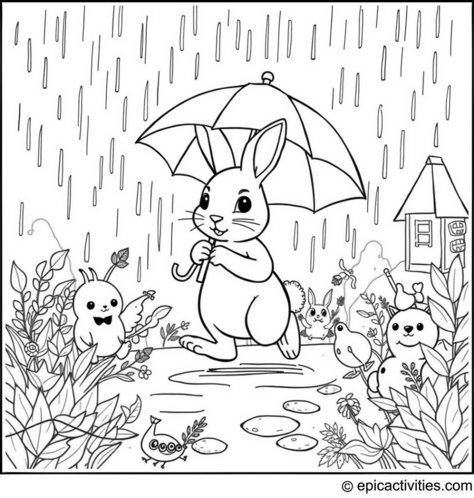 Coloring page of a Cute Rabbit with an Umbrella in the Rainy Landscape