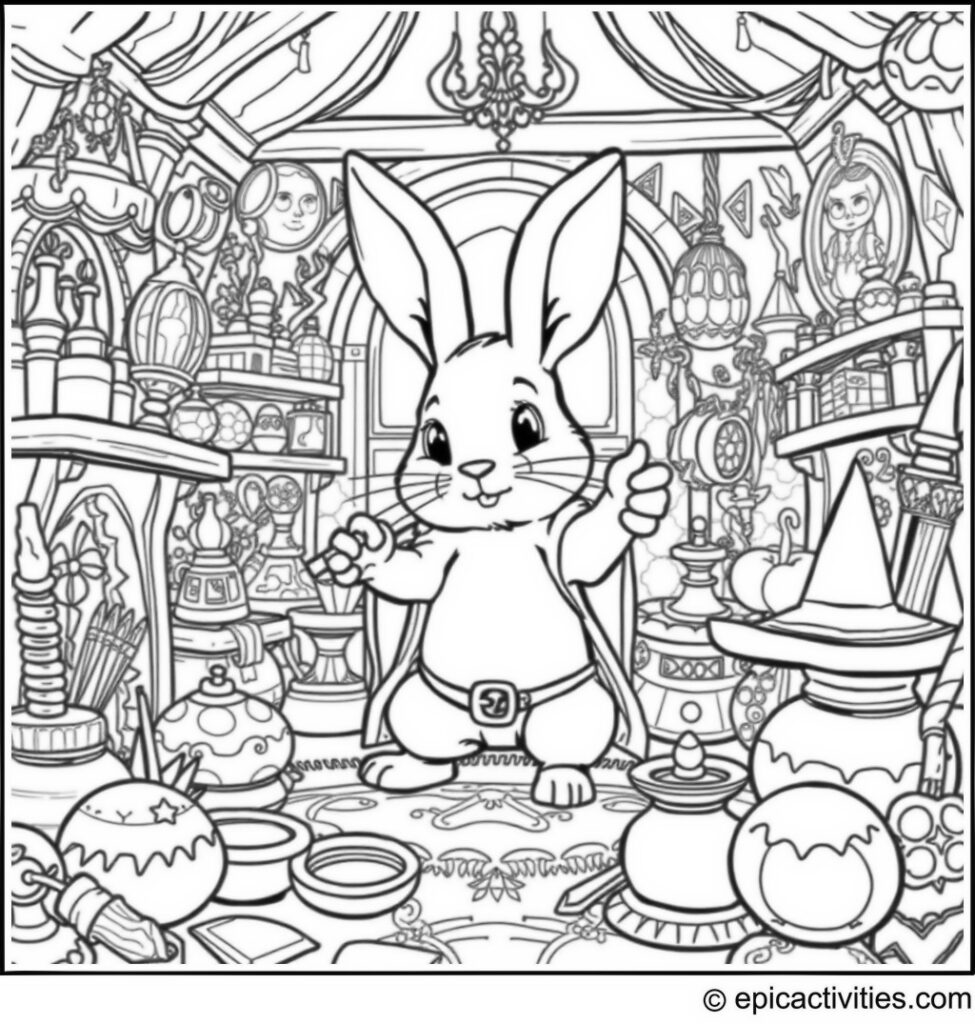Coloring page of a Cute Rabbit Wizard in a Magical Room