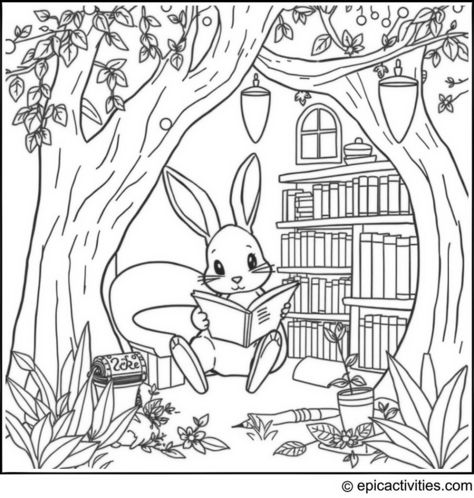 Coloring page of a cute rabbit writing stories in a whimsical treehouse library