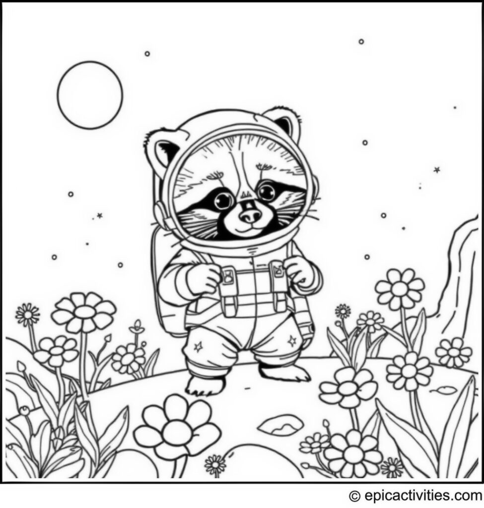 Coloring page of a cute raccoon astronaut exploring an alien planet