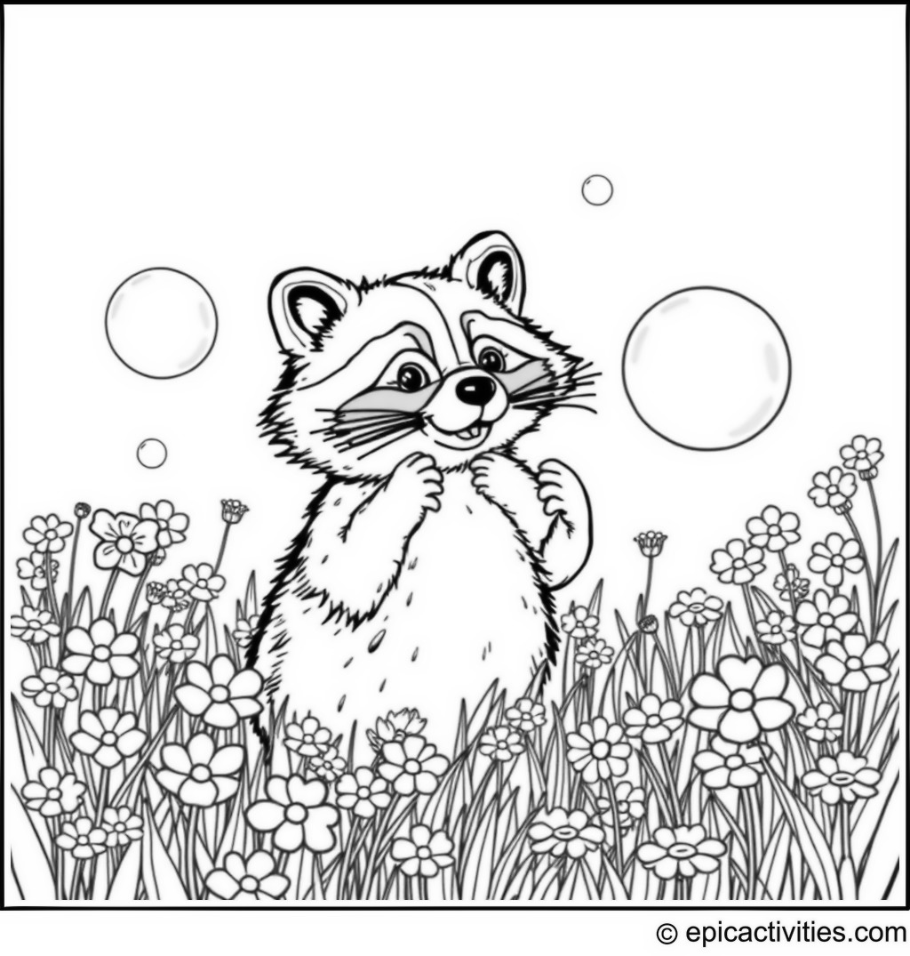 Coloring page of a cute raccoon blowing huge soap bubbles in a meadow filled with flowers