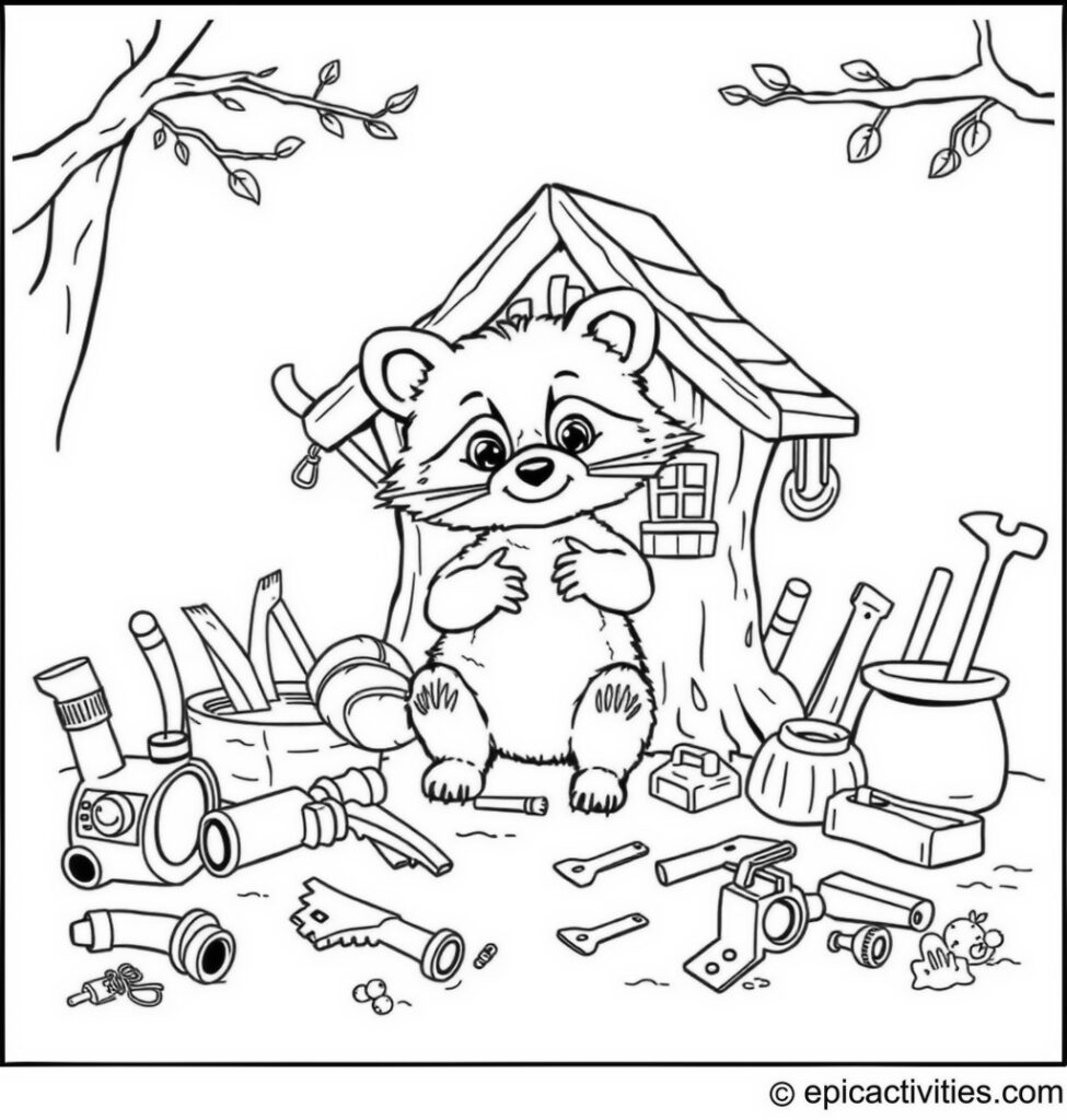 Coloring page of a cute raccoon building a treehouse