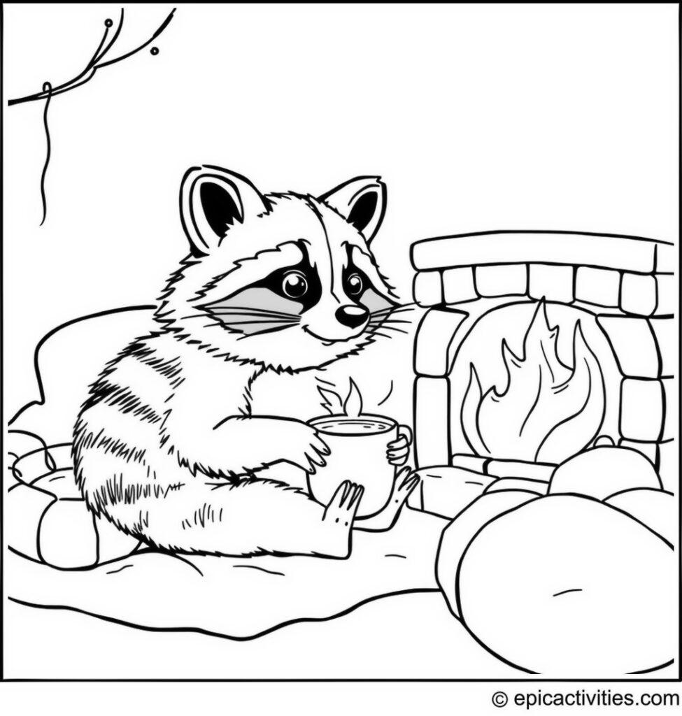 Coloring page of a cute raccoon by the fireplace with hot chocolate
