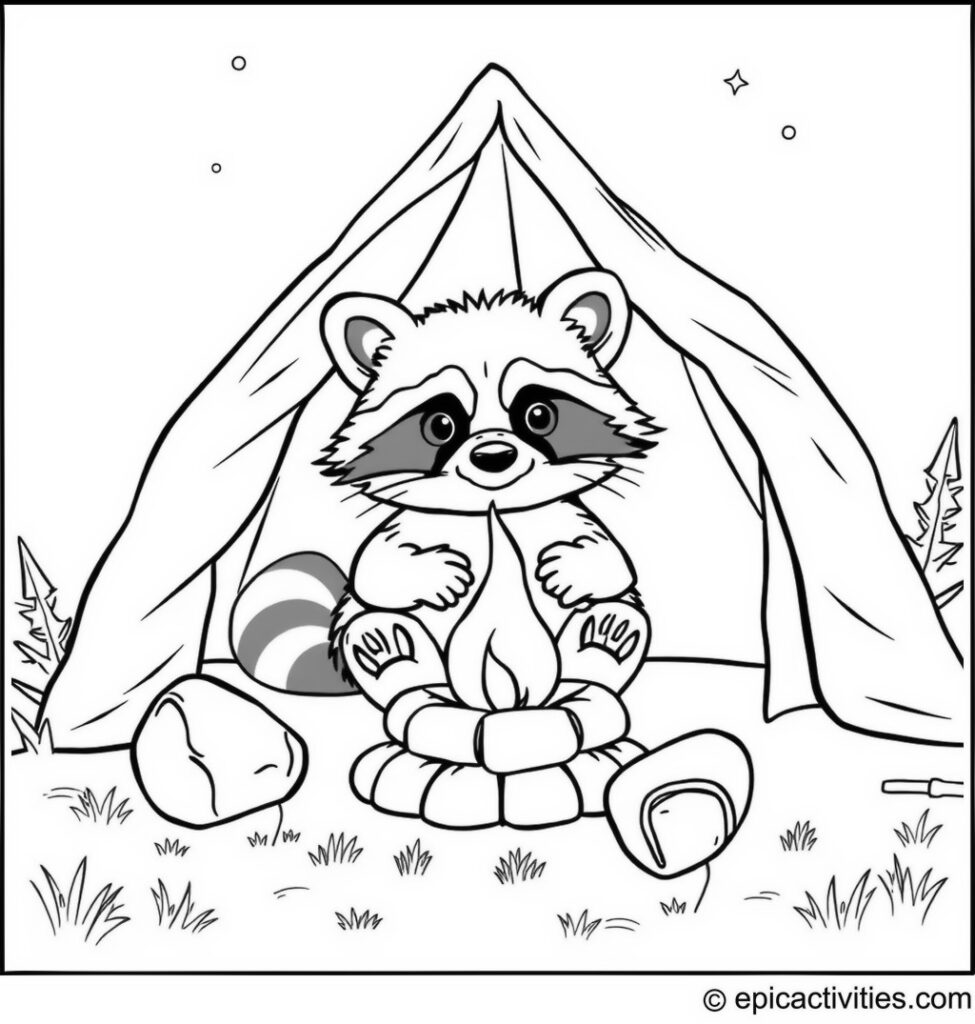 Coloring page of a cute raccoon camping out in a tent with a campfire and marshmallows
