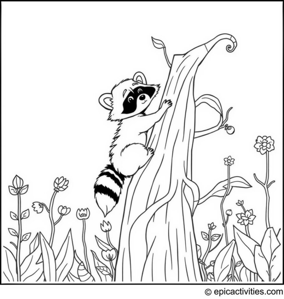 Coloring page of a cute raccoon climbing a giant beanstalk with whimsical plants