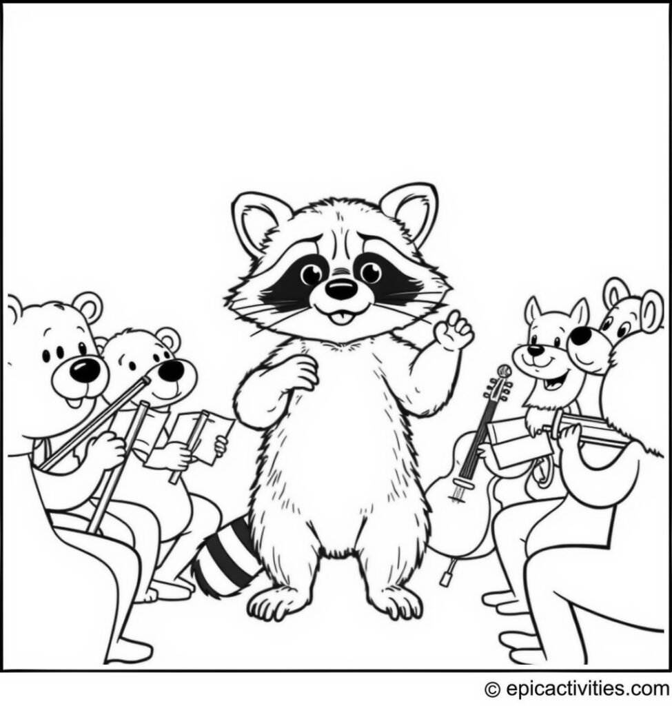 Coloring page of a Cute Raccoon Conducting a Symphony Orchestra of Cartoon Animals