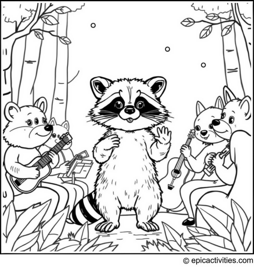 Coloring page of a Cute Raccoon Conducting an Animal Band in a Forest Concert
