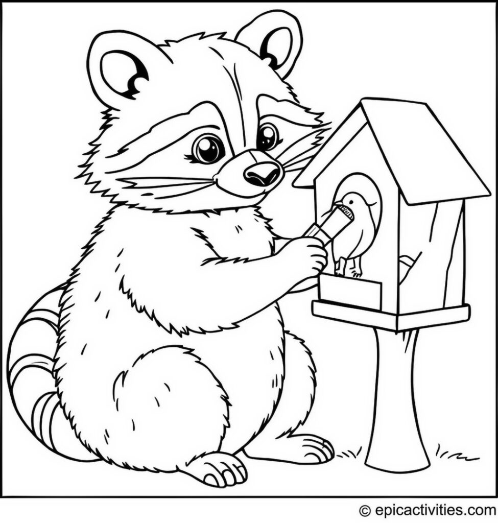 Coloring page of a Cute Raccoon Crafting and Painting a Birdhouse