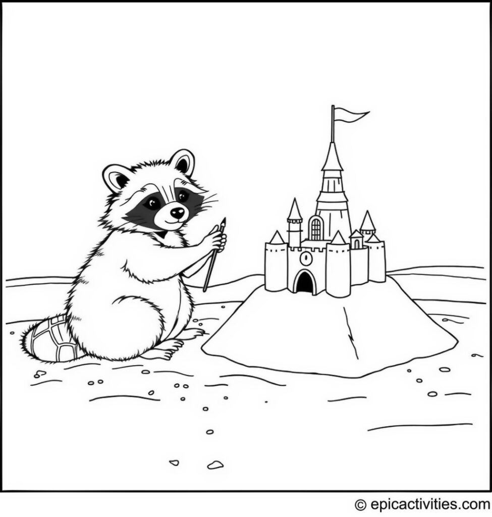 Coloring page of a cute raccoon creating a sand sculpture of a castle on a beach scene