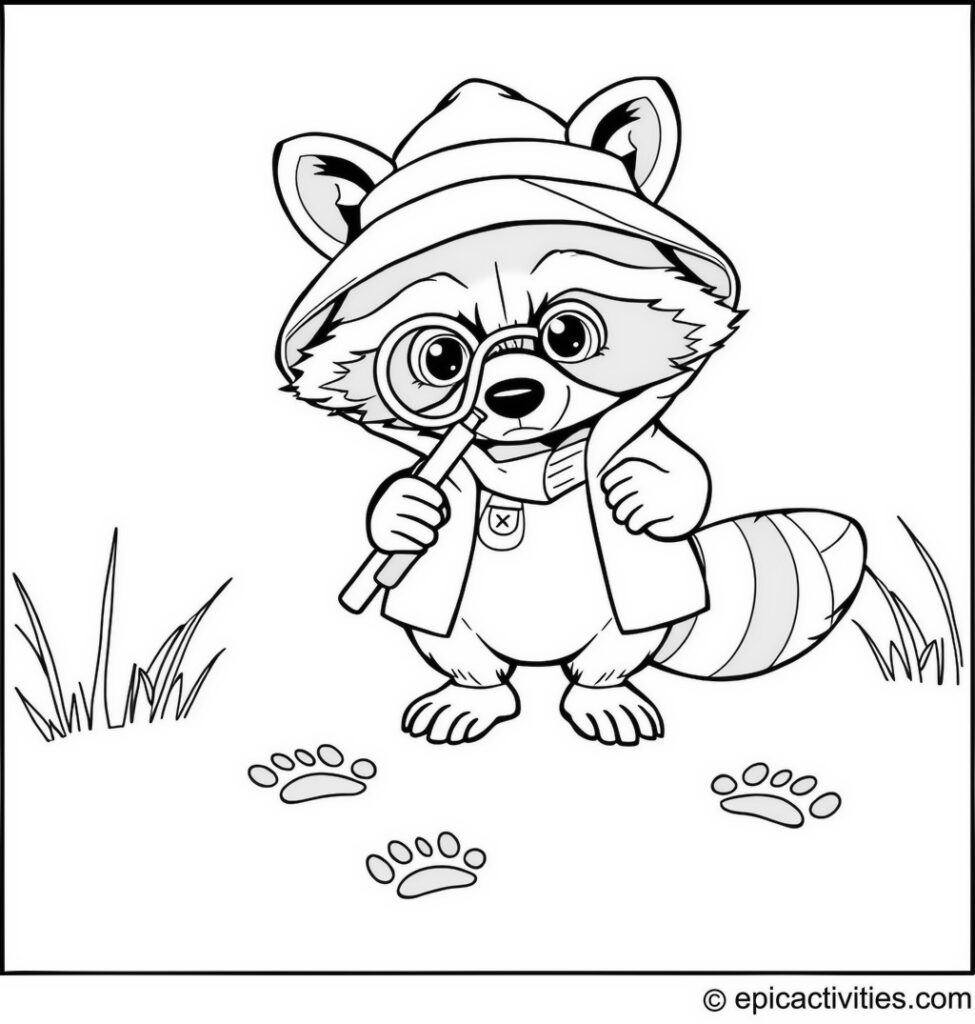 Coloring page of a Cute Raccoon Detective Examining Footprints