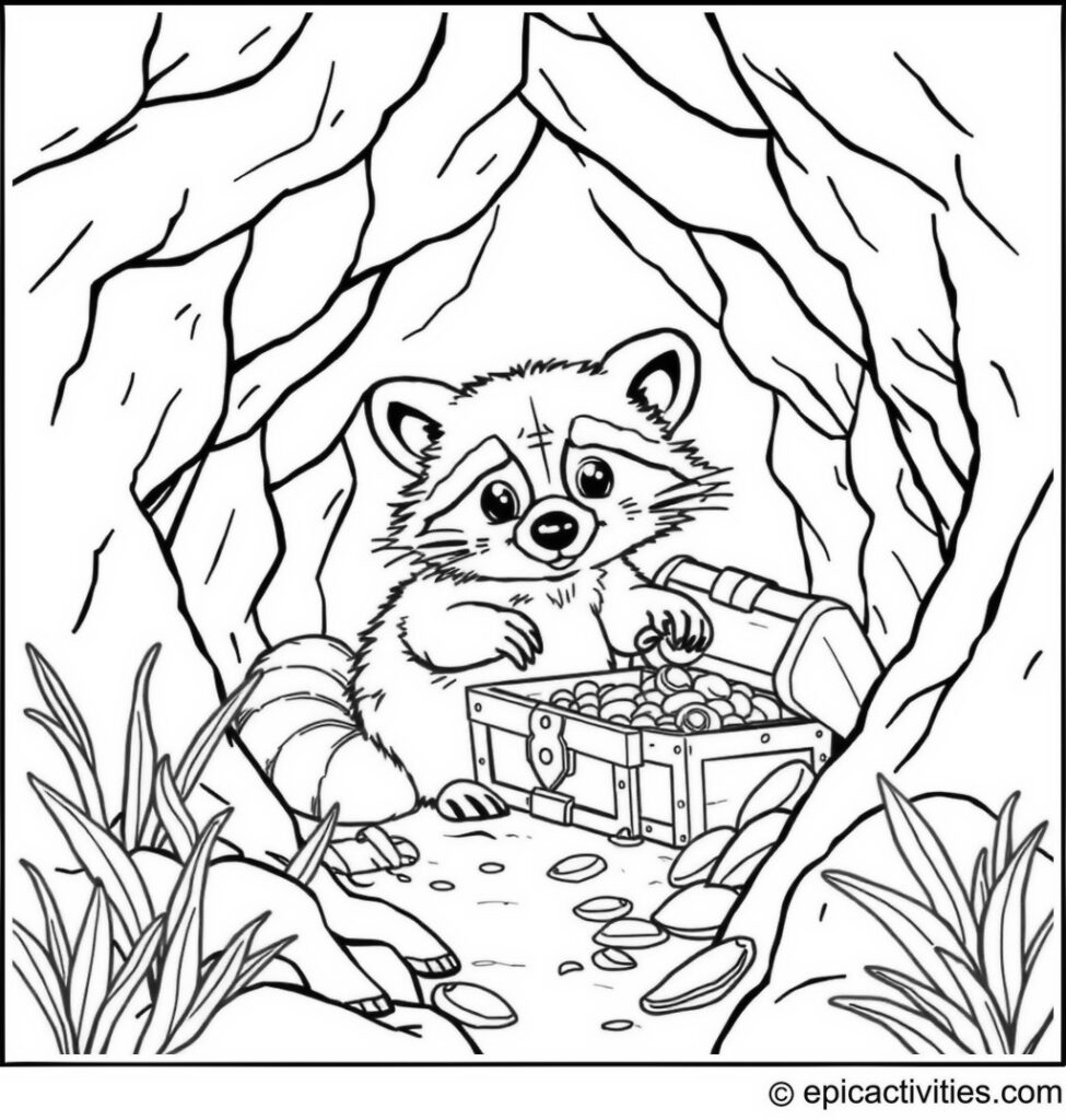 Coloring page of a cute raccoon discovering hidden treasure chest in a whimsical cave