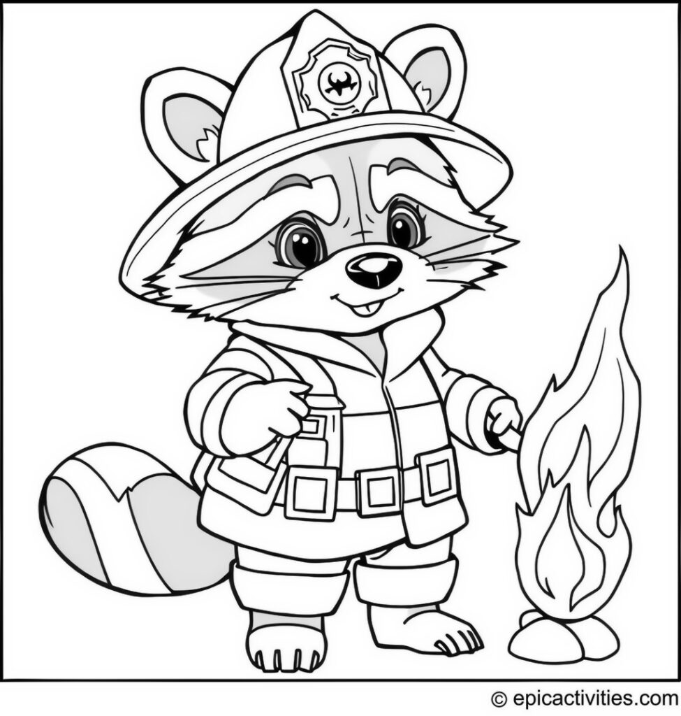 Coloring page of a cute raccoon dressed as a firefighter putting out a tiny cartoon fire