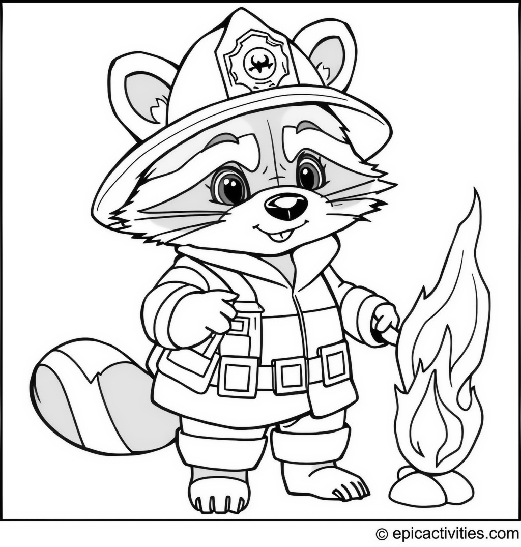 Coloring page of a cute raccoon dressed as a firefighter putting out a tiny cartoon fire