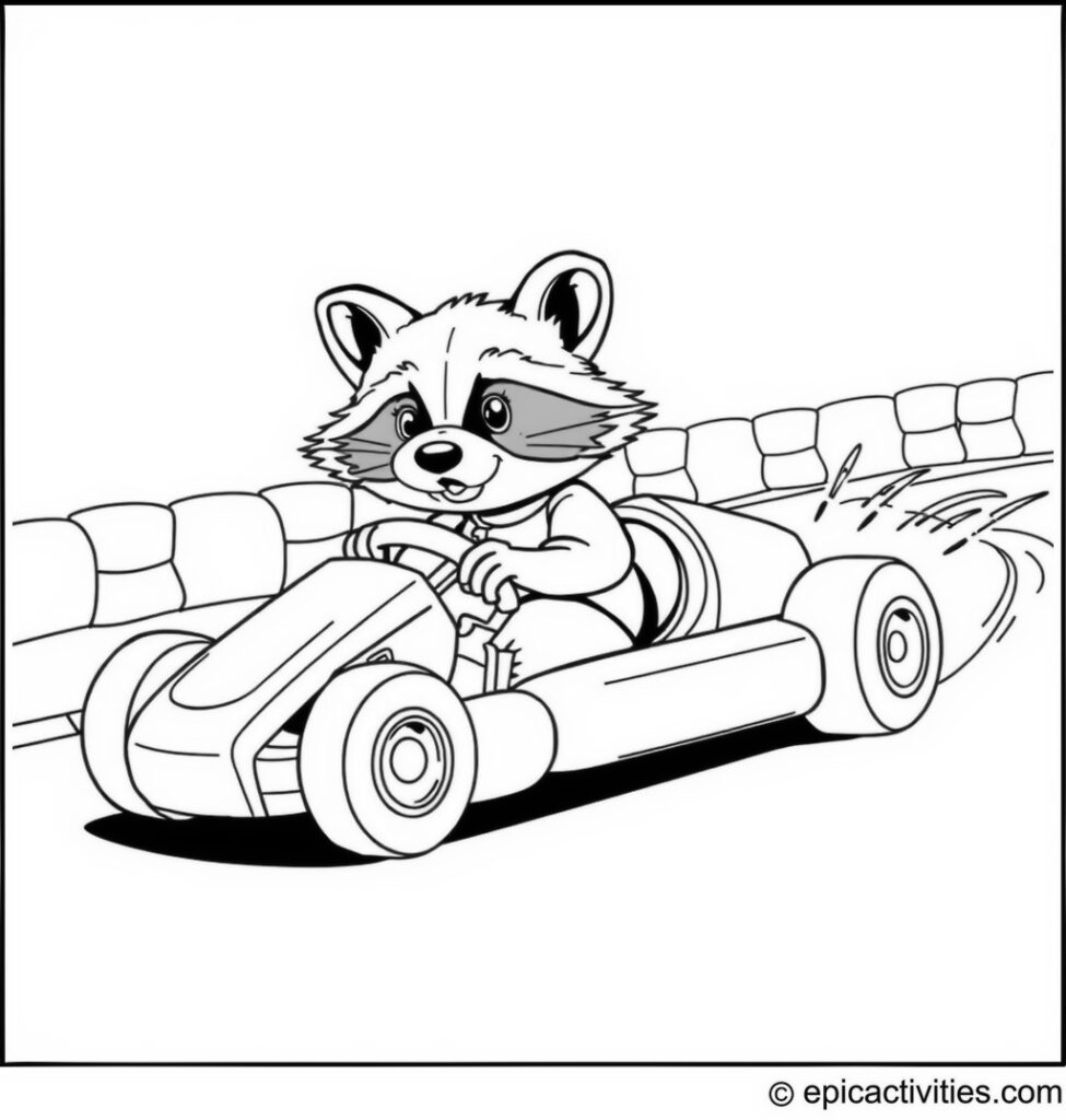 Coloring page of a cute raccoon dressed as a race car driver