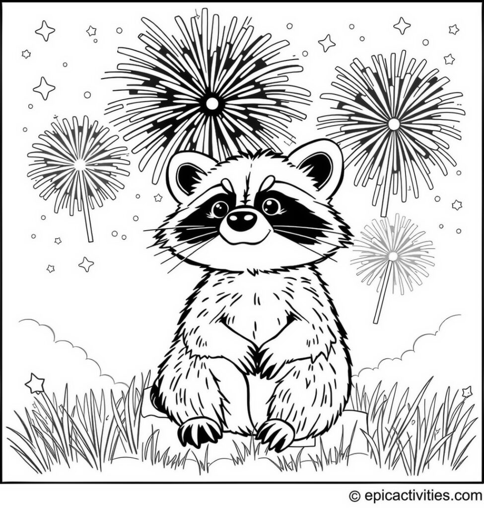 Coloring page of a cute raccoon enjoying a fireworks show under the night sky