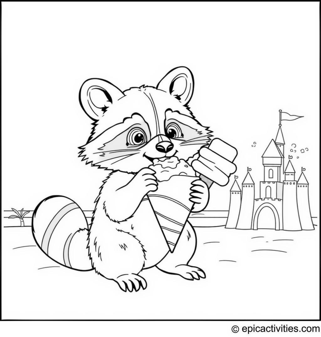 Coloring page of a cute raccoon enjoying a giant ice cream cone at the beach