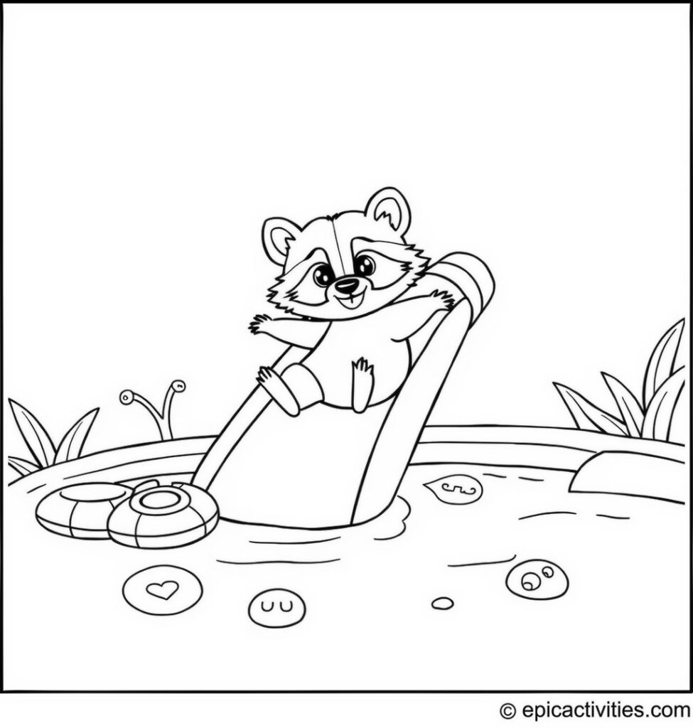 Coloring page of a cute raccoon enjoying a waterslide adventure into a pool
