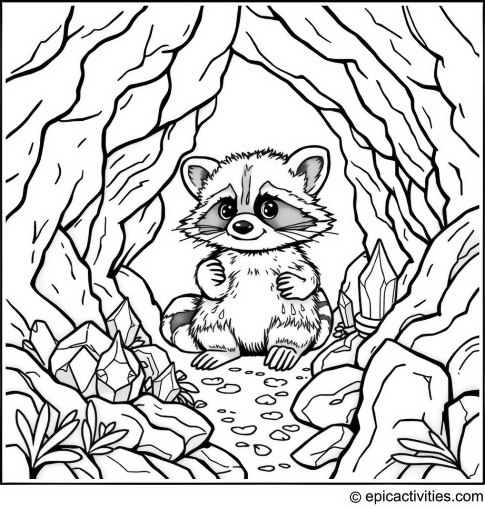 Coloring page of a cute raccoon exploring a magical cave with glowing crystals and hidden treasures