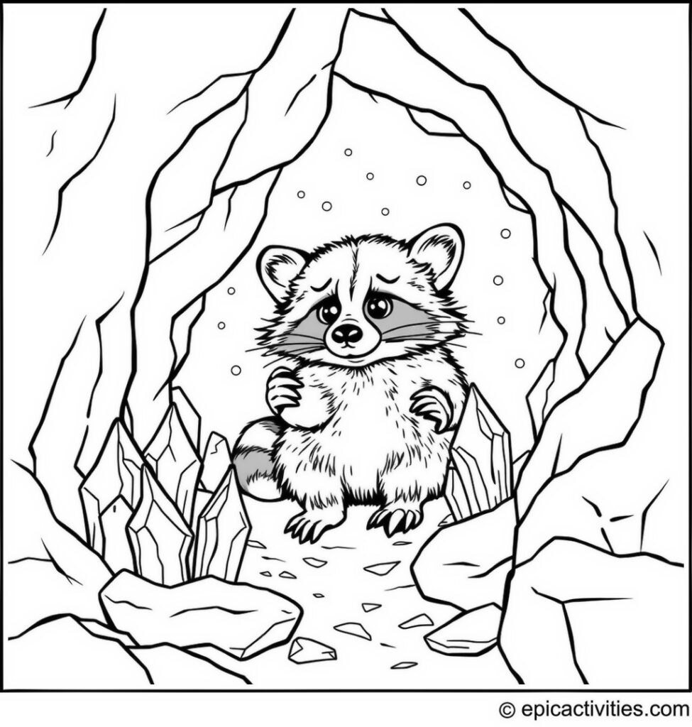 Coloring page of a cute raccoon exploring an ice cave with shining crystals