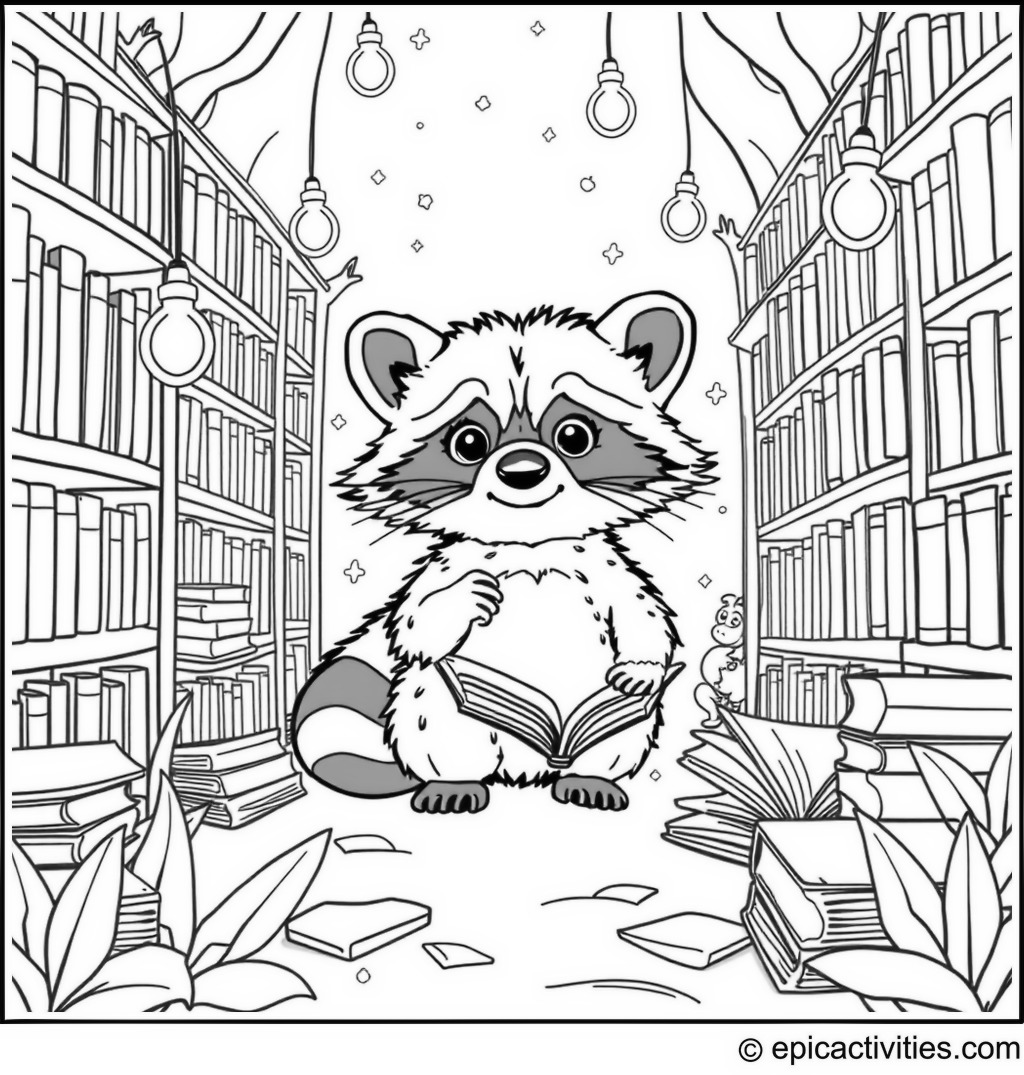 Coloring page of a Cute Raccoon Exploring an Enchanted Library