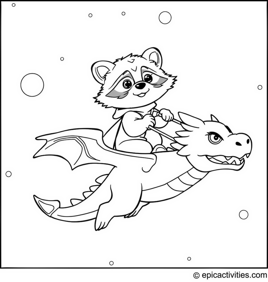 Coloring page of a cute raccoon flying a dragon through the night sky
