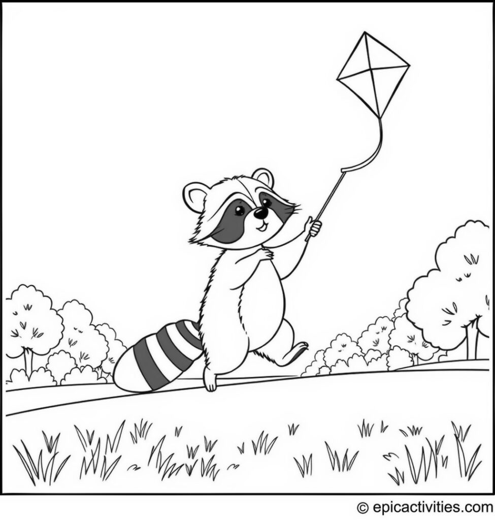 Coloring page of a Cute Raccoon Flying a Kite in the Park