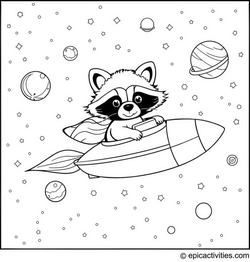 Coloring page of a cute raccoon flying a spaceship through a galaxy