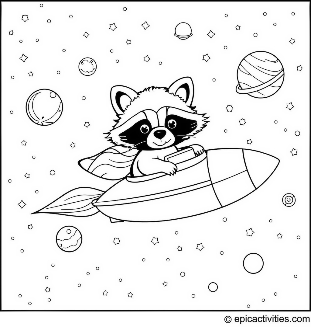 Coloring page of a cute raccoon flying a spaceship through a galaxy