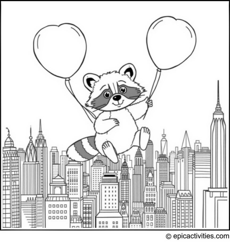 Coloring page of a Cute Raccoon Flying with Balloons over a Cityscape