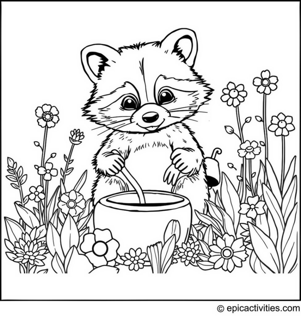 Coloring page of a Cute Raccoon Gardening with Whimsical Plants and Flowers