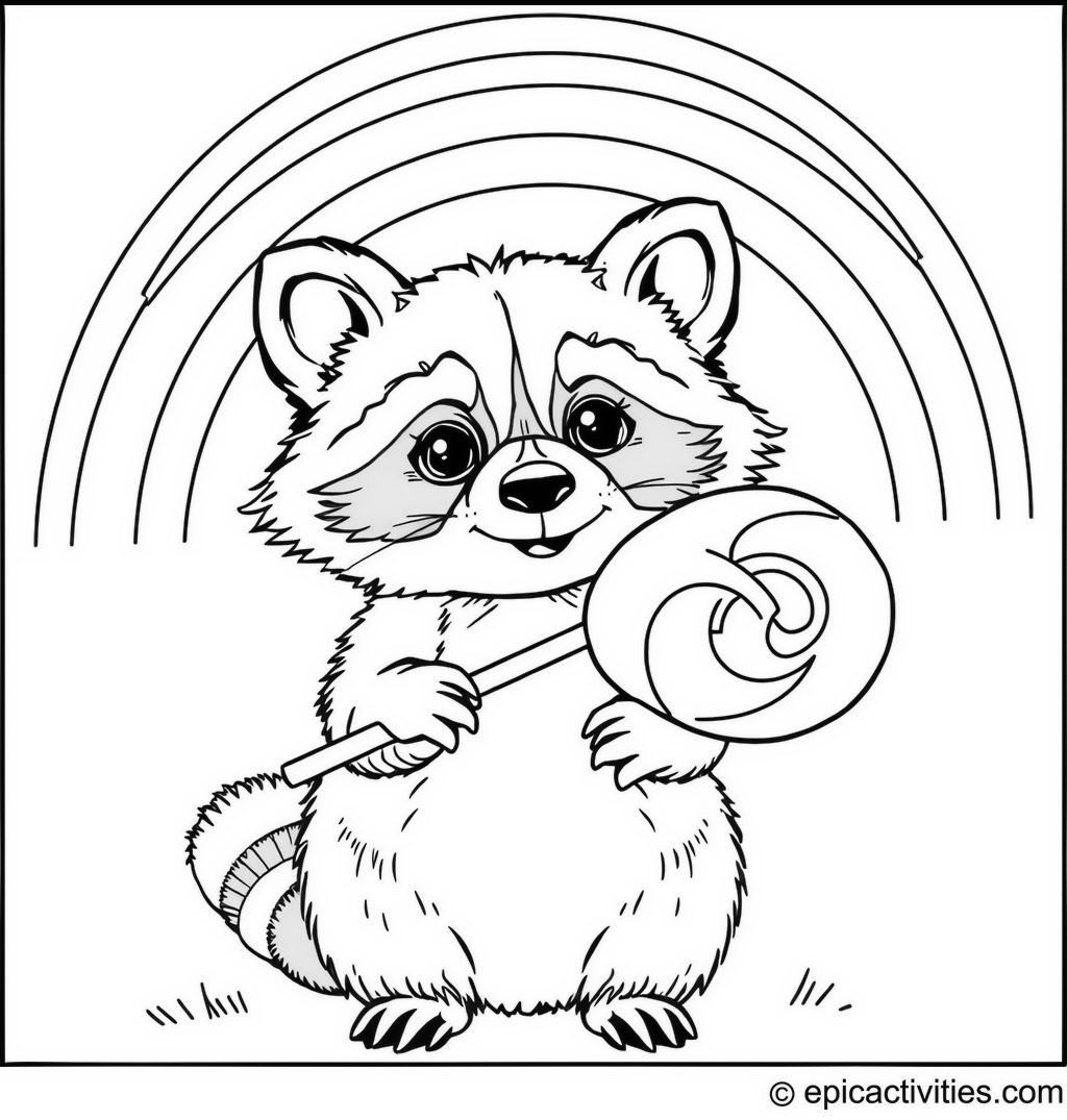 Coloring page of a cute raccoon holding an oversized lollipop under a colorful rainbow