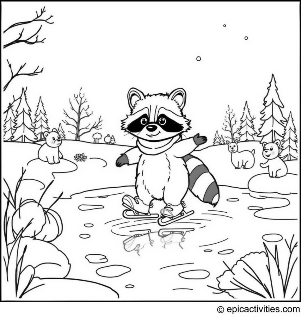 Coloring page of a cute raccoon ice skating on a frozen pond with other animals