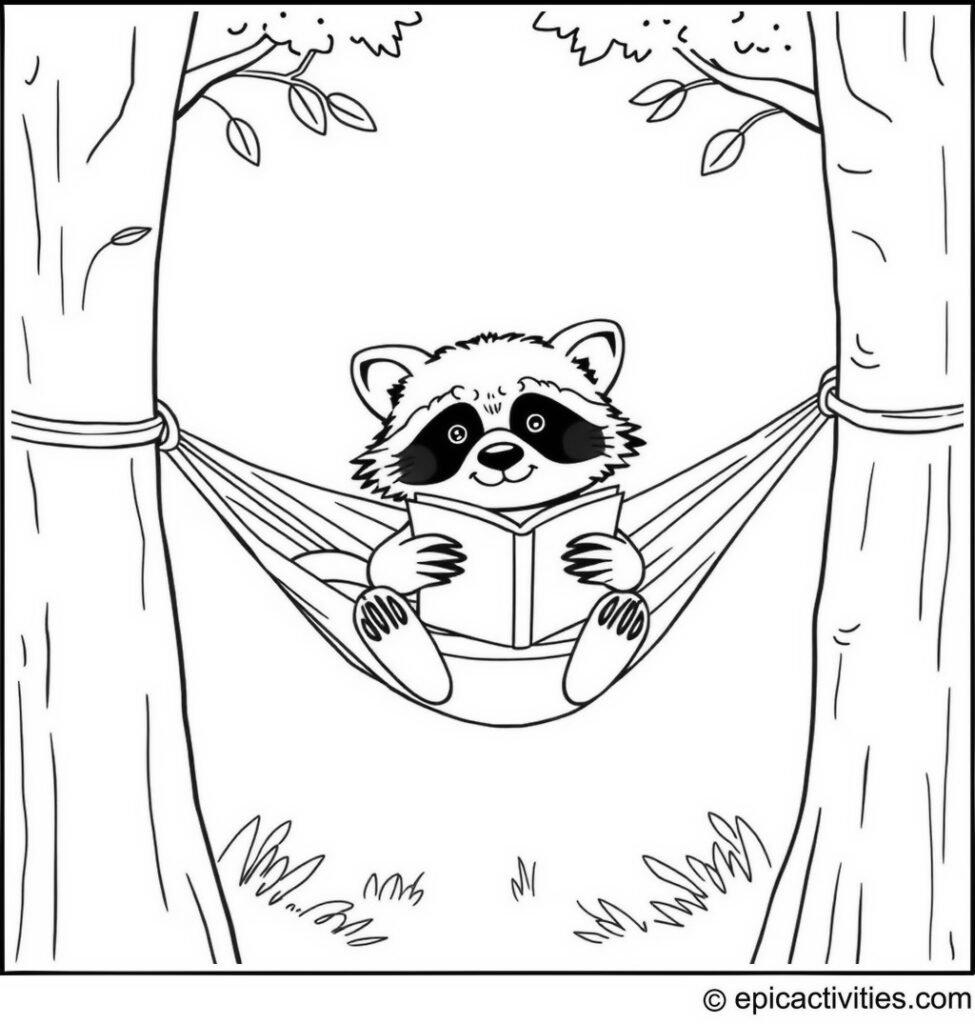 Coloring page of a cute raccoon in a hammock with a book