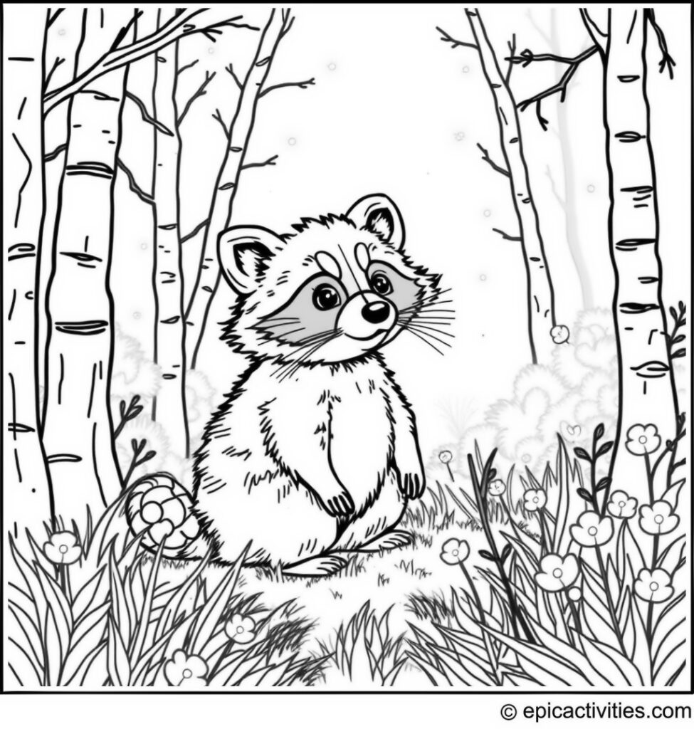 Coloring page of a Cute Raccoon in a Magical Forest with Fireflies and Fairies