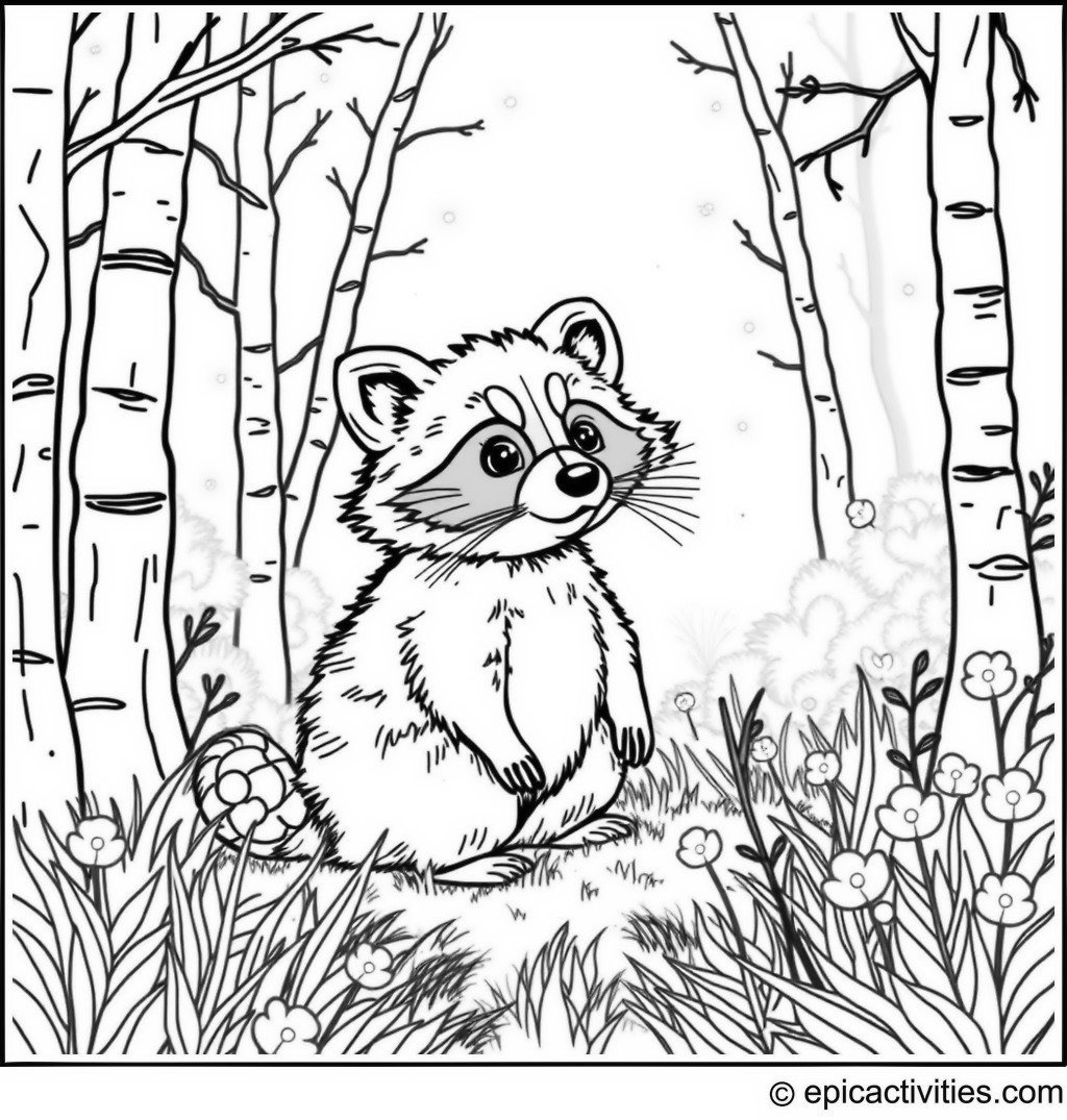 Coloring page of a Cute Raccoon in a Magical Forest with Fireflies and Fairies