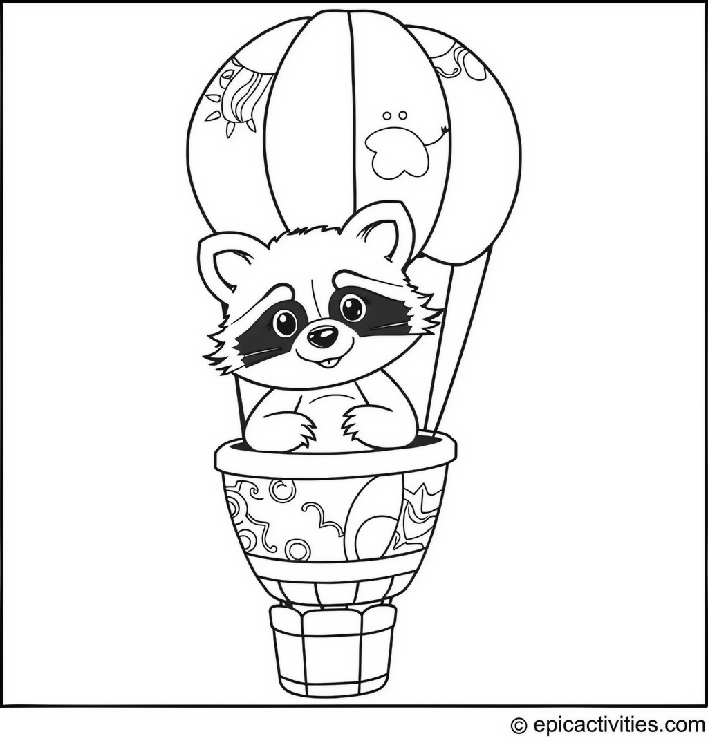 Coloring page of a Cute Raccoon in a Patchwork Hot Air Balloon