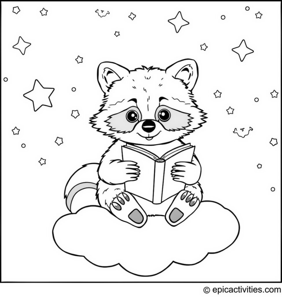 Coloring page of a Cute Raccoon in a Starry Night Sky