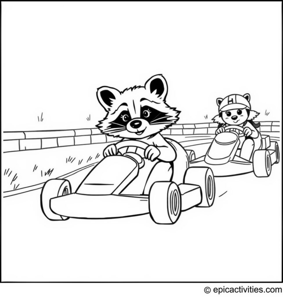 Coloring page of a cute raccoon in a whimsical go-kart race