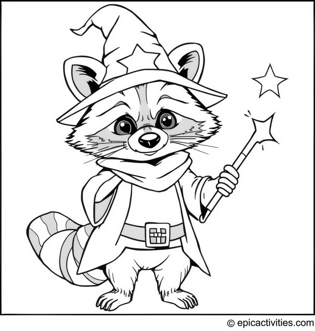 Coloring page of a Cute Raccoon in a Wizard’s Outfit Casting Spells