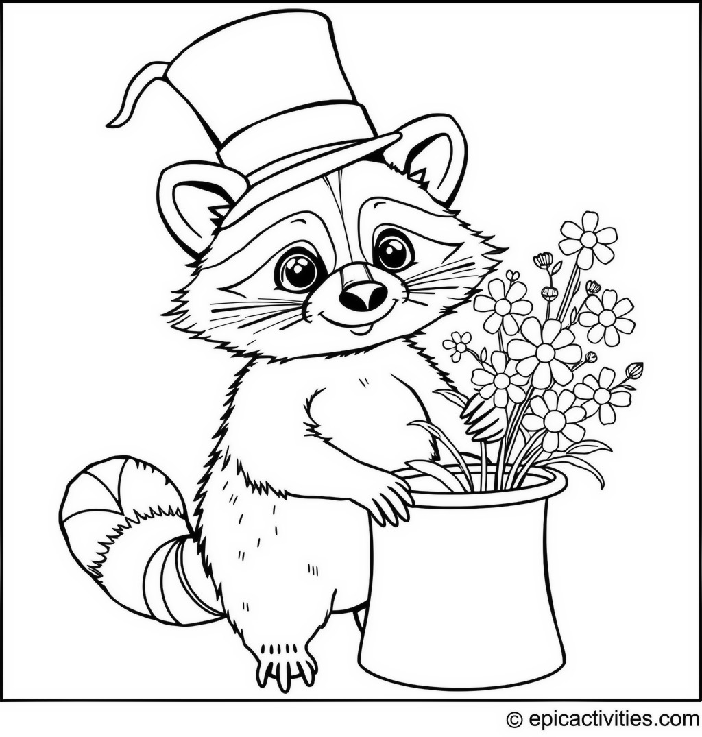 Coloring page of a Cute Raccoon Magician