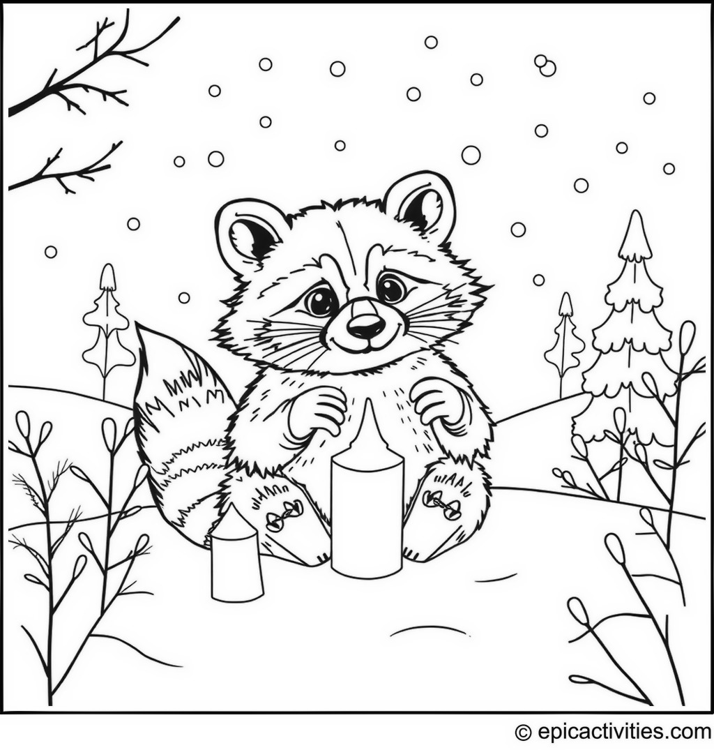 Coloring page of a cute raccoon making snow angels in a whimsical winter wonderland