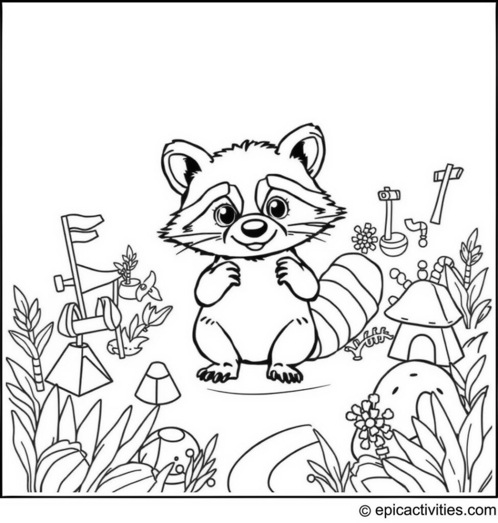 Coloring page of a cute raccoon navigating a whimsical maze