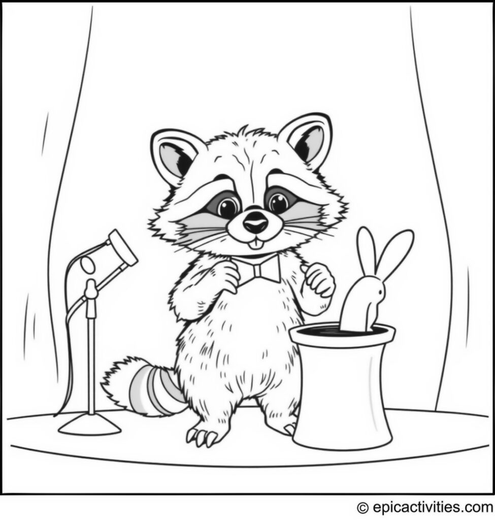 Coloring page of a cute raccoon performing magic tricks