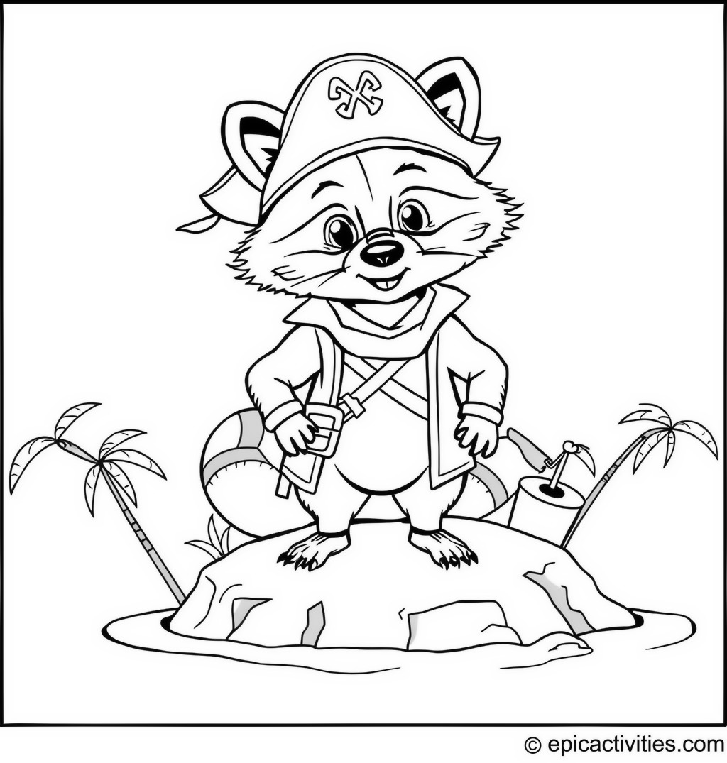 Coloring page of a cute raccoon pirate on a treasure island