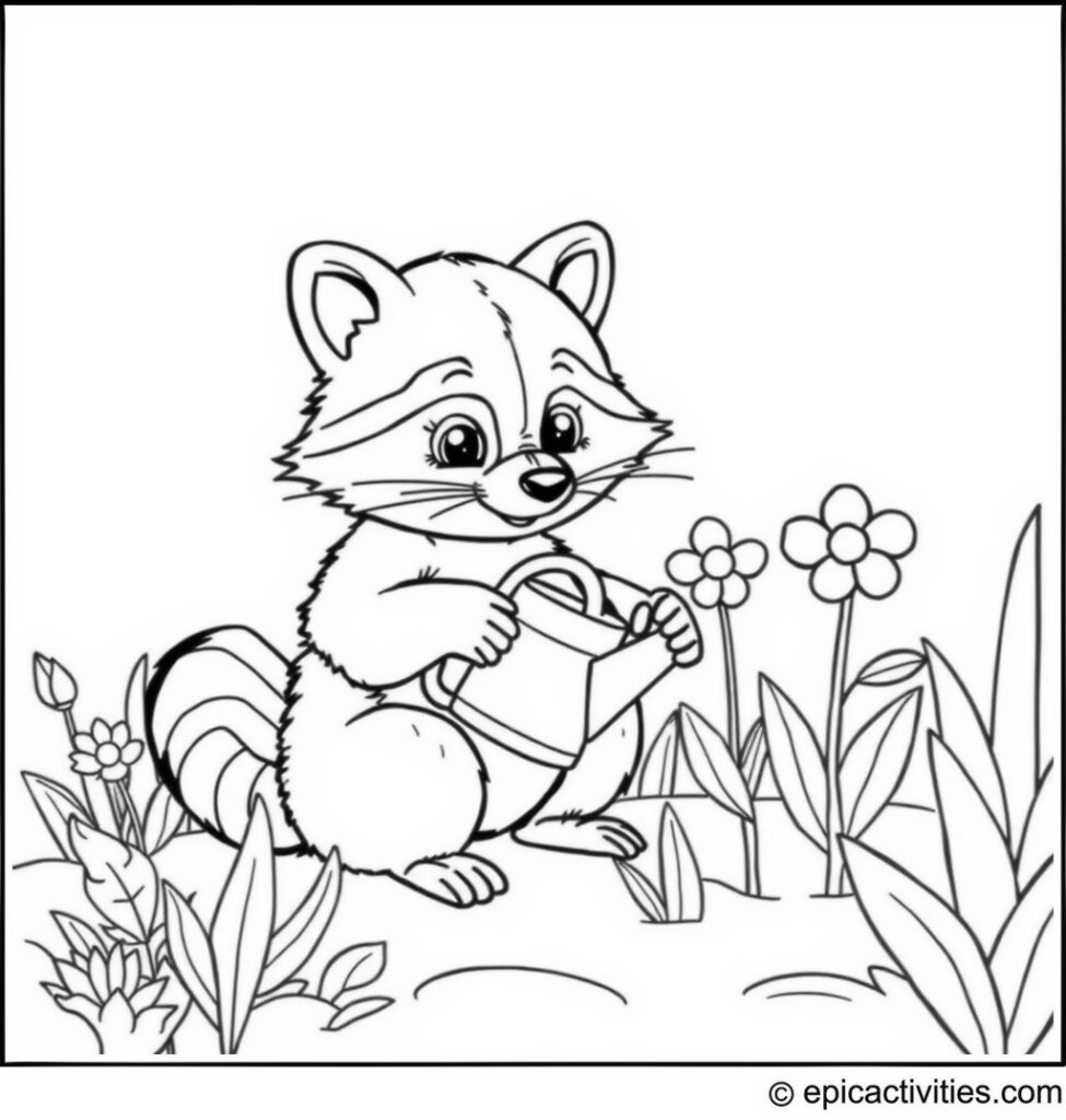 Coloring page of a cute raccoon planting a flower in a garden