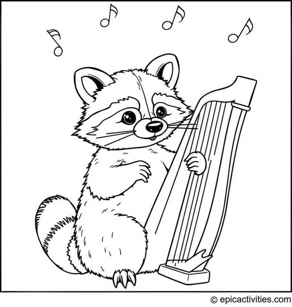 Coloring page of a Cute Raccoon Playing a Harp with Musical Notes