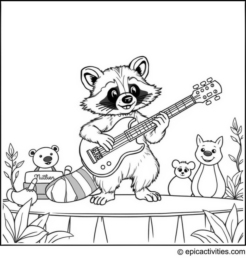Coloring page of a cute raccoon playing an oversized guitar on a whimsical stage with animal friends