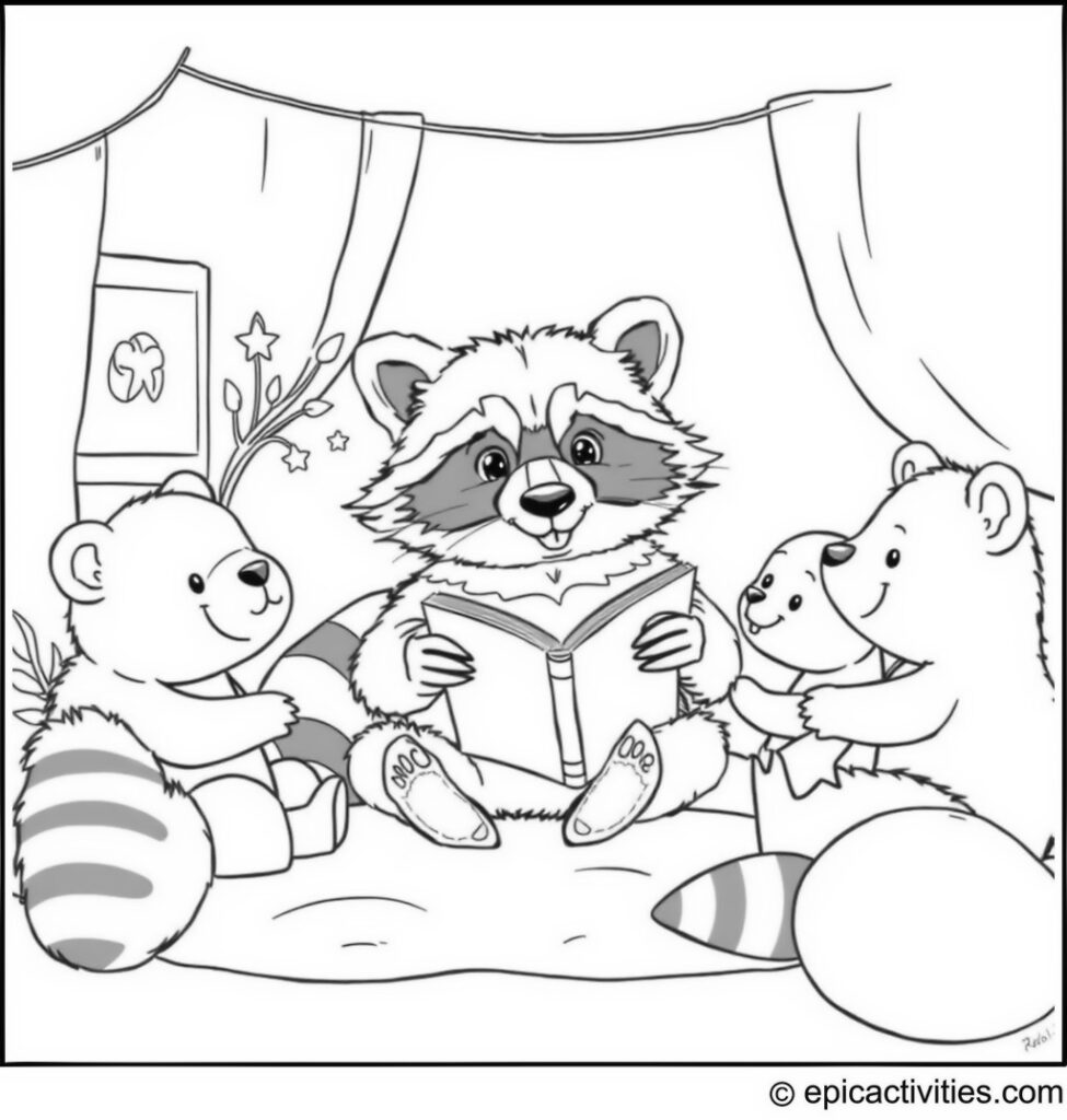Coloring page of a Cute Raccoon Reading a Bedtime Story to Other Animals