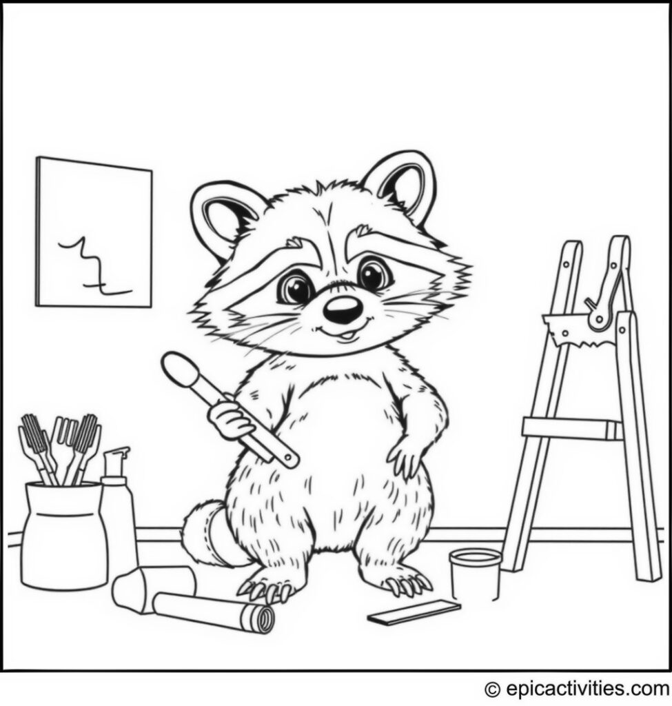 Coloring page of a Cute Raccoon Remodeling a Room with Paint and Tools